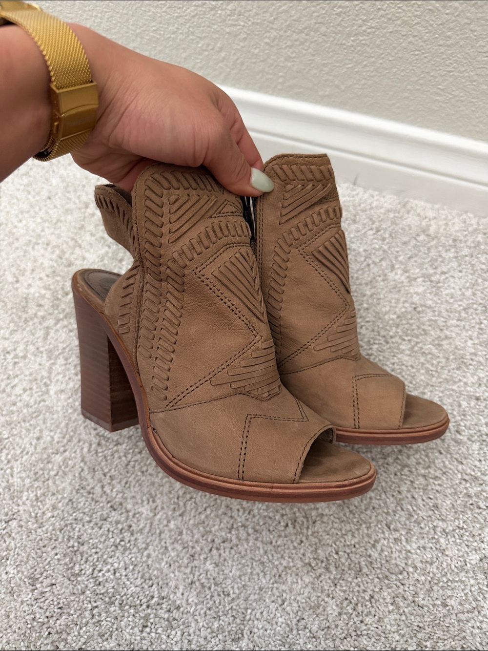Vince Camuto Taupe Suede Peep-Toe Block Heel Booties